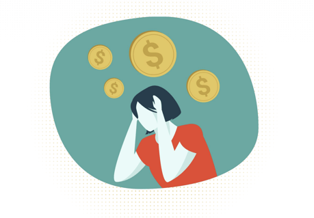 Woman in a red shirt stressed about her financial wellbeing