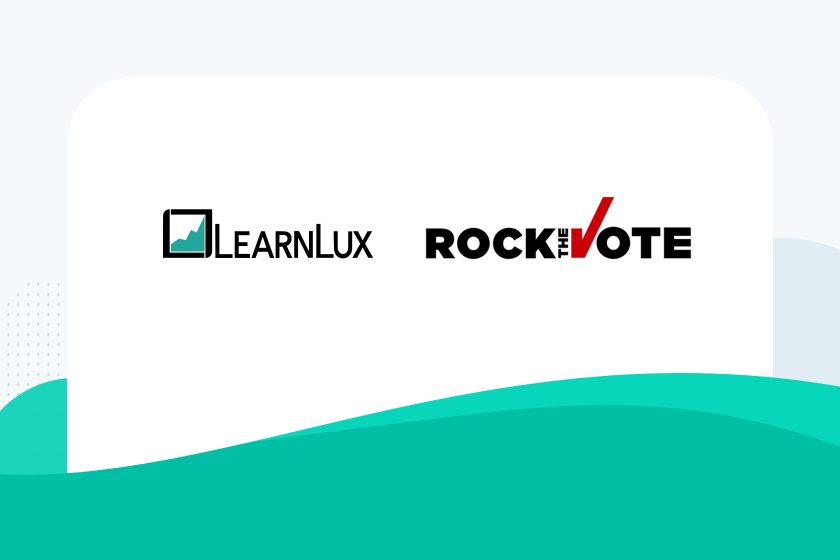 LearnLux financial wellbeing and Rock the Vote logos with teal green accent on white background