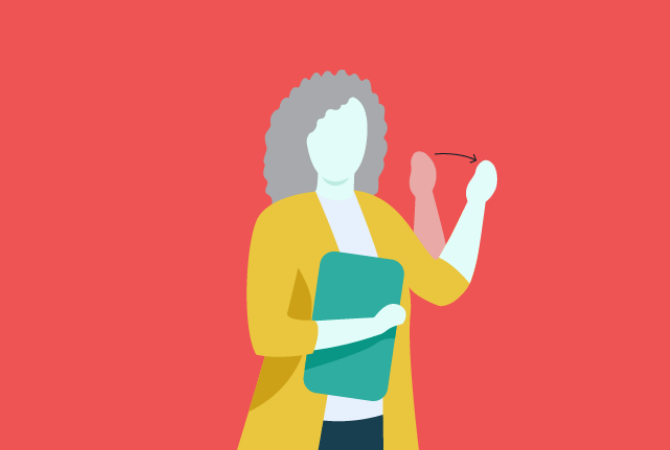 Red background with illustration of a Certified Financial Planner™ using American Sign Language to say "Hello!"